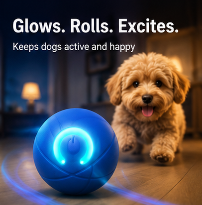 Glowing Zoomies dog ball with happy dog